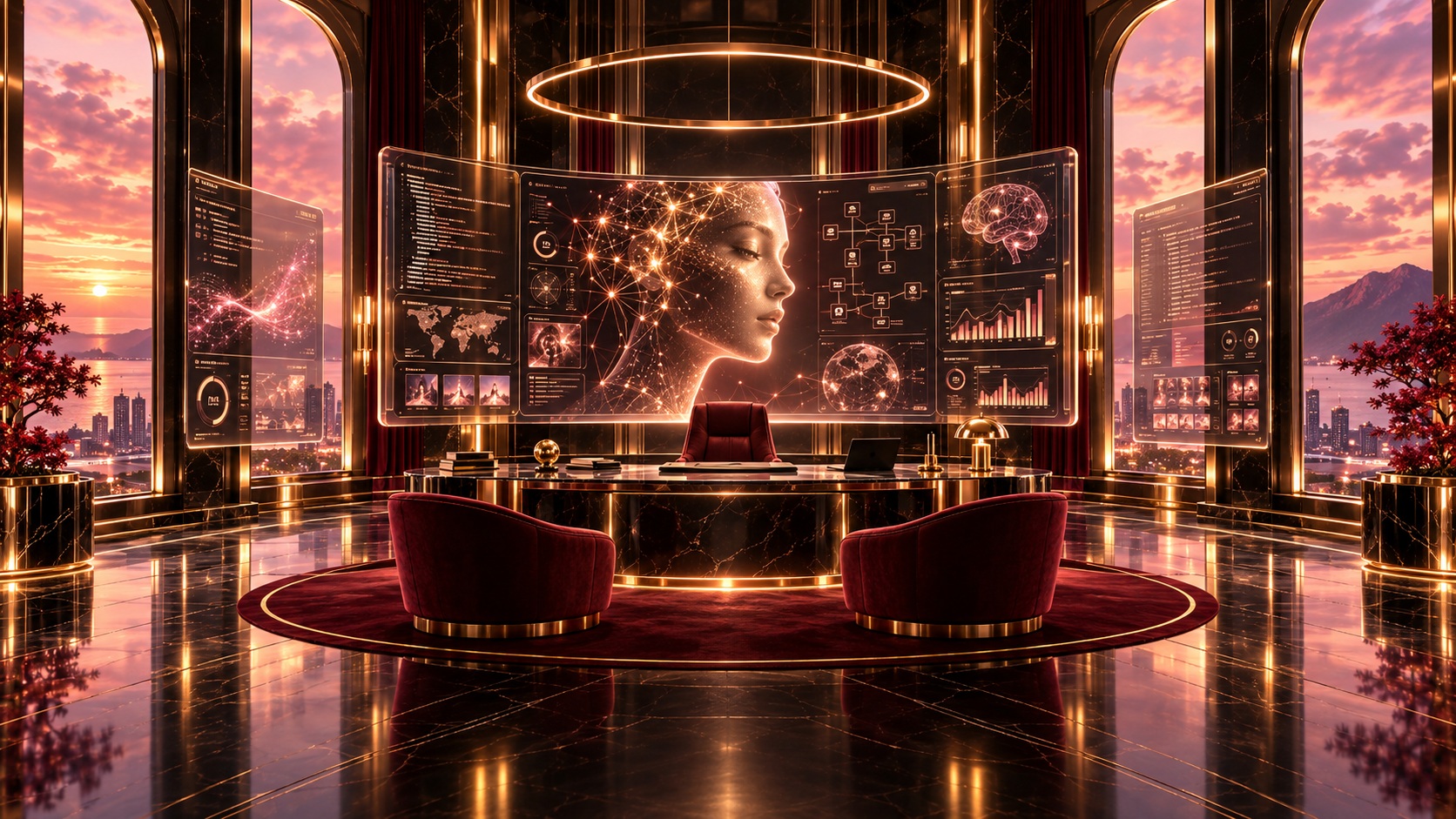 The Artificial Intelligence chamber: an executive AI command centre with a humanoid intelligence on its screens