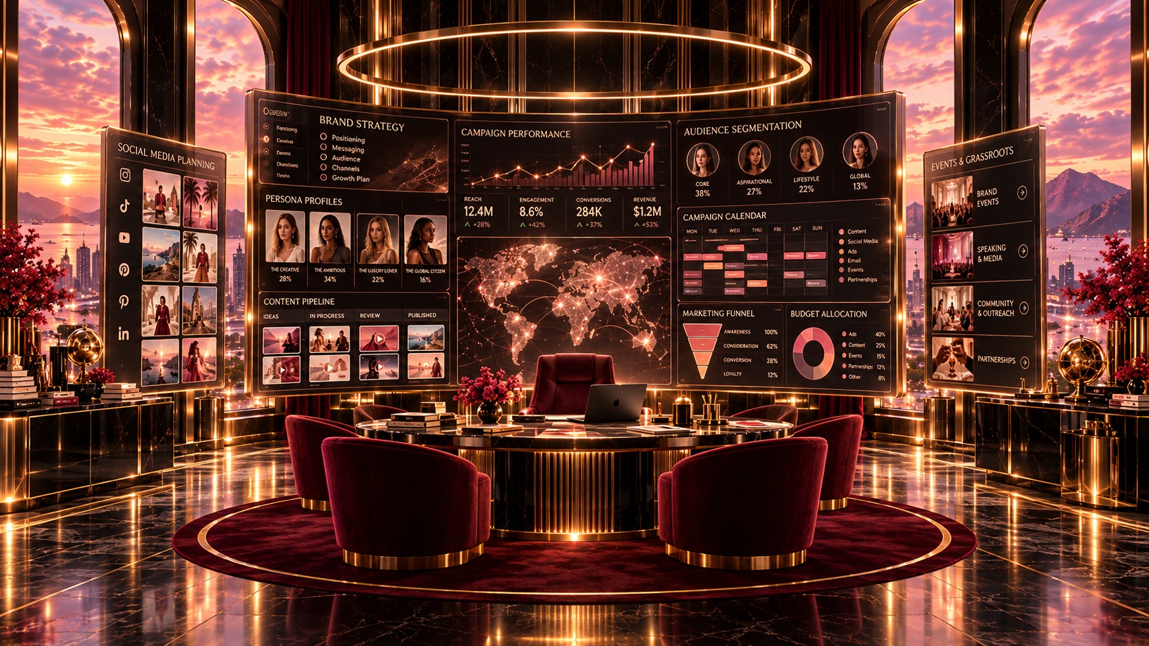The Marketing chamber: a strategy suite with persona profiles, campaigns, budgets, events and content planning